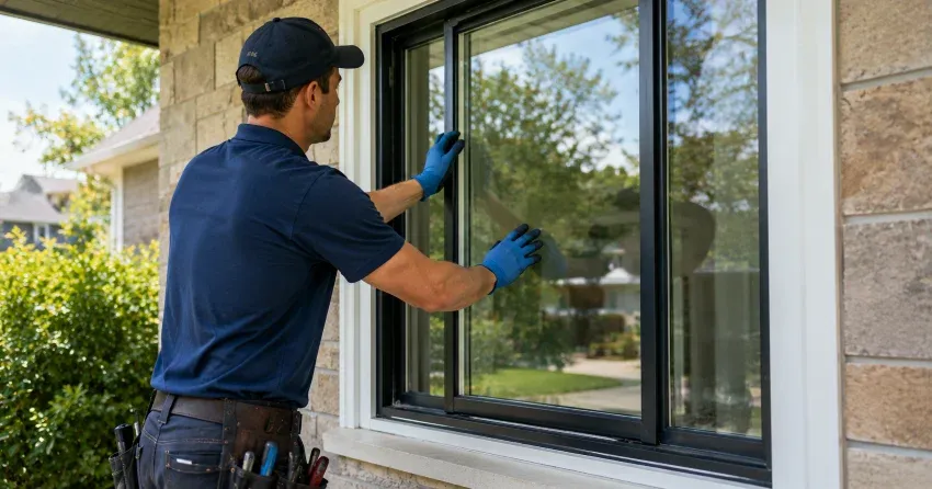 technician measuring a broken window pane for replacement in Woodstock