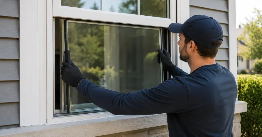 technician boarding up broken window during emergency glass repair Woodstock