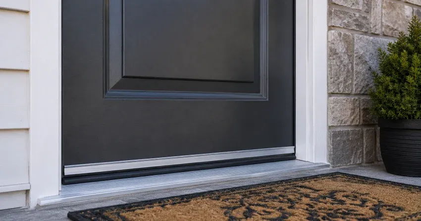 technician replacing worn door weatherstripping in Woodstock home