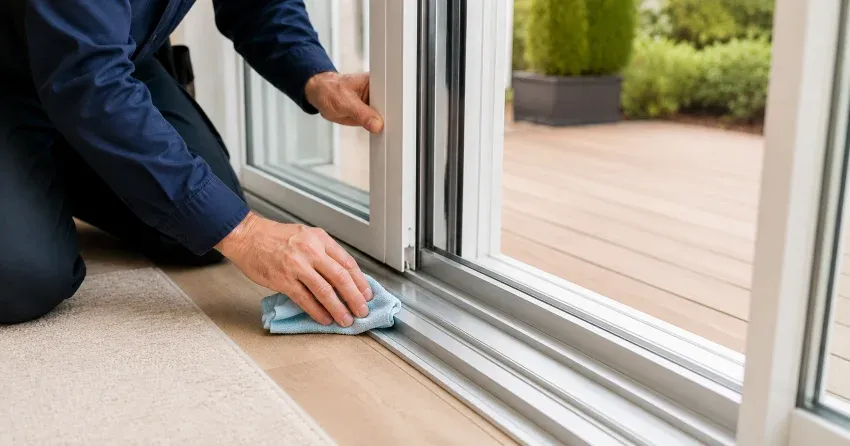 technician inspecting a sliding patio door track in Woodstock
