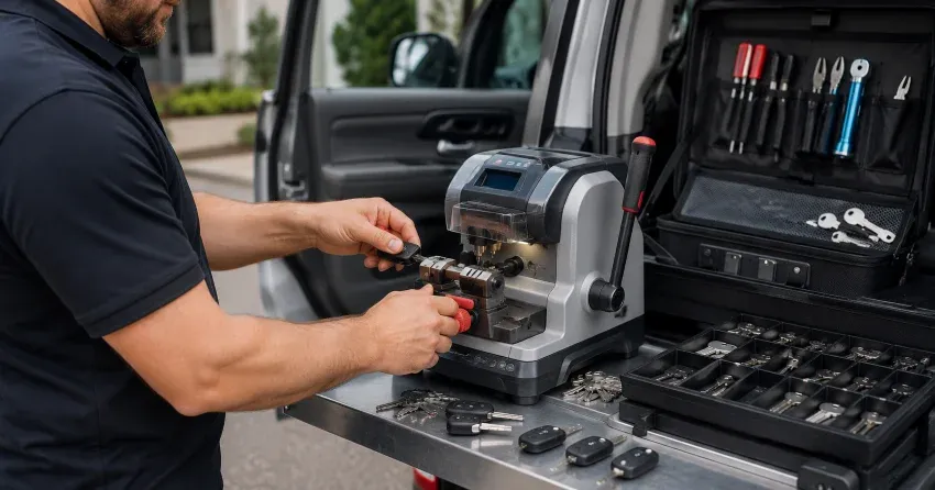 technician cutting a replacement car door lock key in Lansdowne Meadow, Woodstock