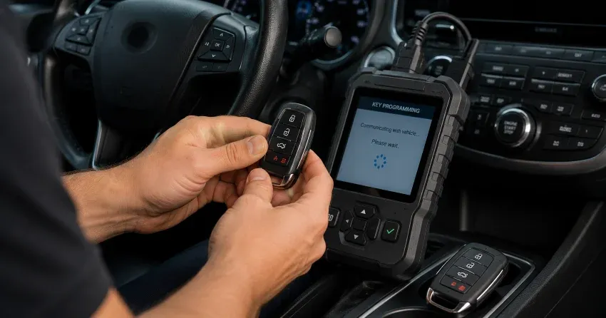 technician inspecting a worn car key before replacement in Woodstock