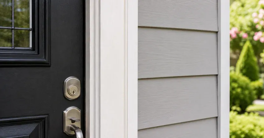 technician inspecting door jamb behind cracked casing in Woodstock home