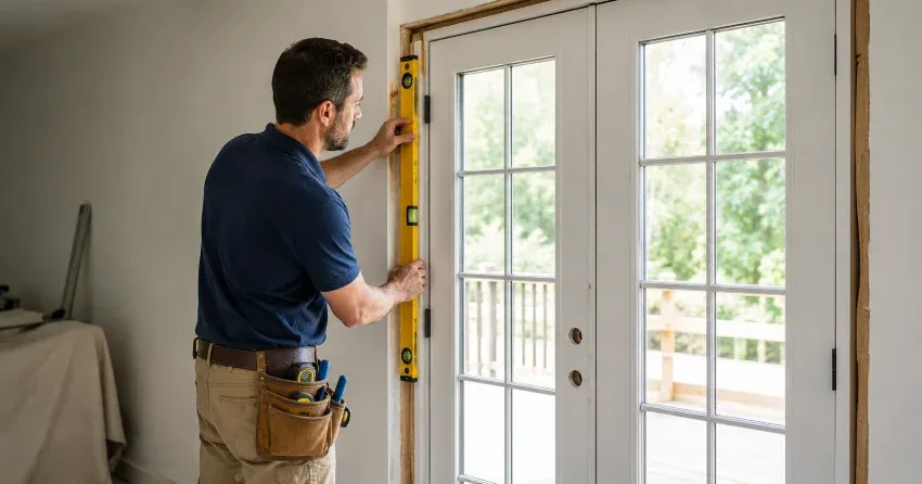 newly installed French doors with divided glass panes in Sumac Ridge, Woodstock