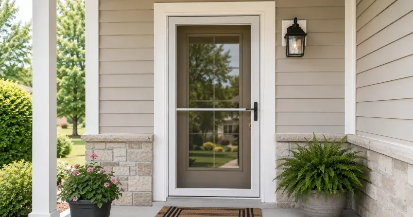 technician hanging storm door square and plumb in Woodstock