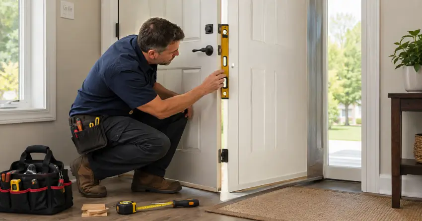 technician diagnosing a misaligned door frame in Woodstock