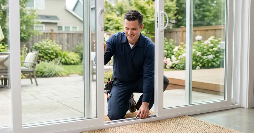 technician diagnosing a sticking patio door in Perrys Lane, Woodstock
