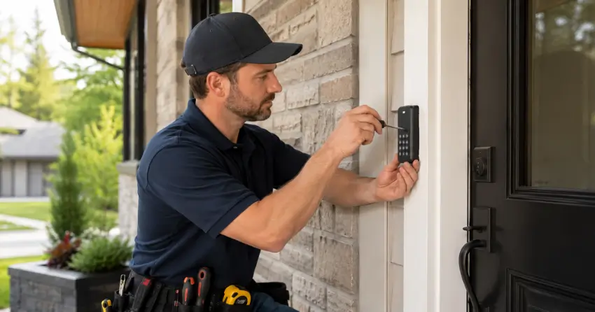 Technician installing an access control system keypad beside a residential front door in Woodstock