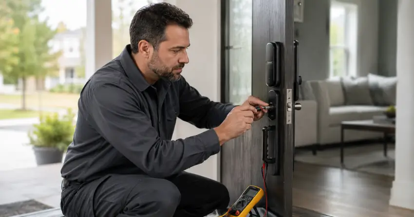 technician diagnosing automatic door lock mechanism on residential door in Woodstock