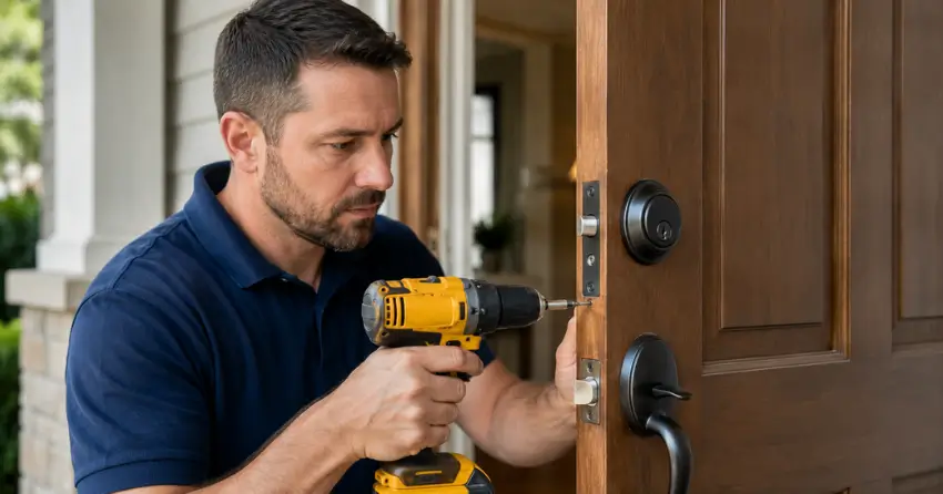 technician installing a new deadbolt during Change Door Lock Sumac Ridge, Woodstock service