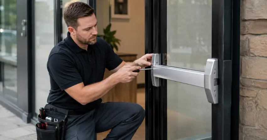 commercial locksmith repairing exit device on storefront door Woodstock