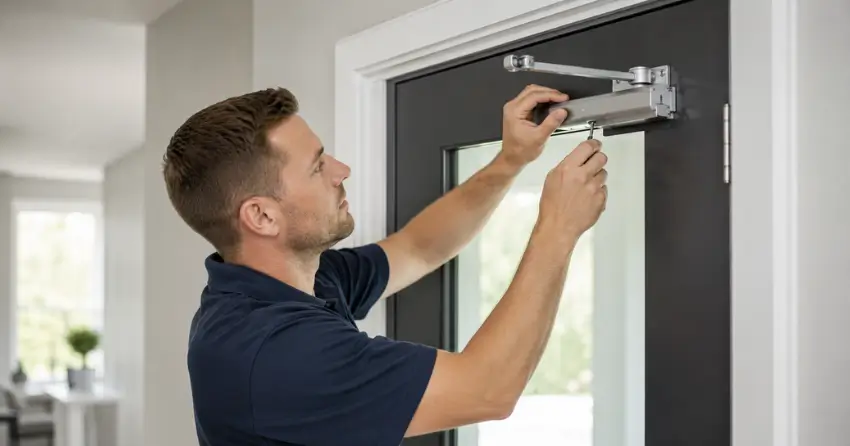 technician adjusting door closer hydraulic valve in Woodstock home