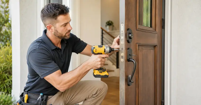 locksmith installing new deadbolt lock on front door in Woodstock