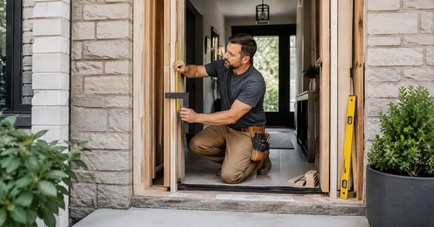 exterior door installer assessing rough opening in Woodstock