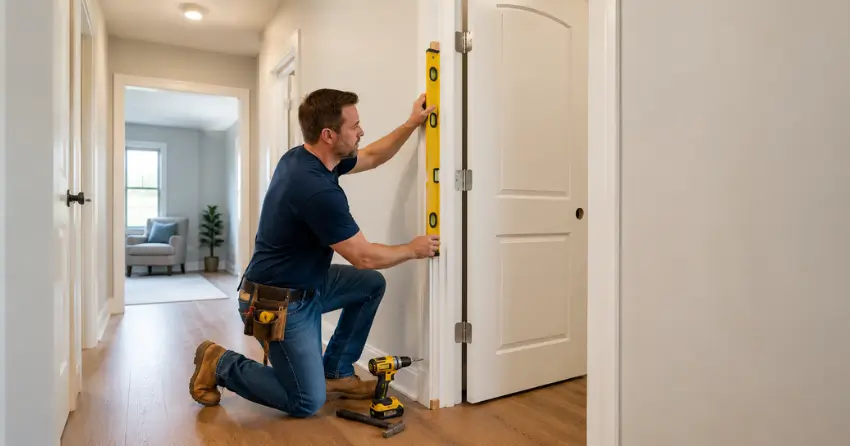 technician installing a pre-hung interior door in a home hallway Woodstock