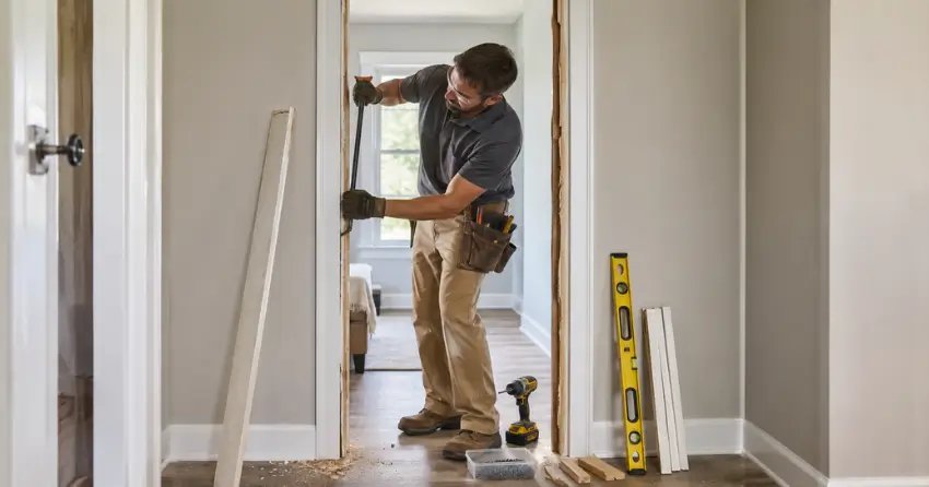 technician removing an old interior door frame during installation Woodstock