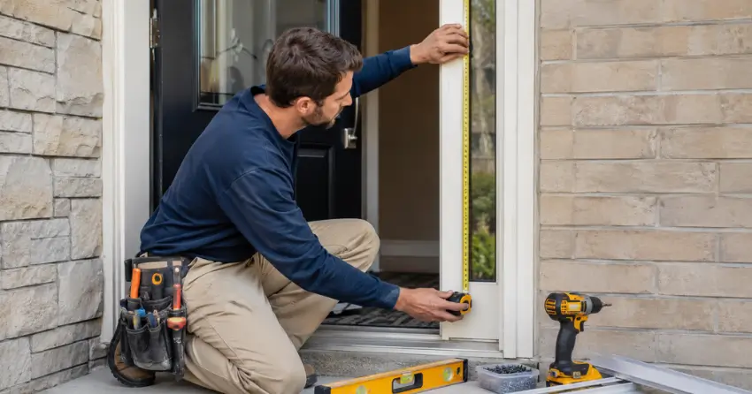 technician measuring door frame before storm door install in Woodstock