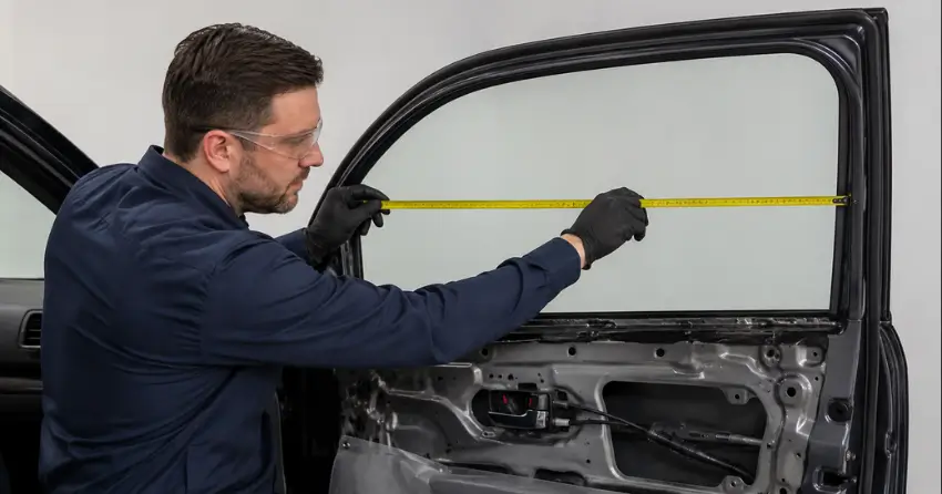 technician measuring door glass opening for replacement in Woodstock