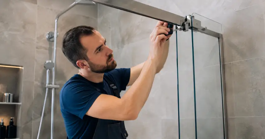 technician adjusting shower door hinge and track in Woodstock