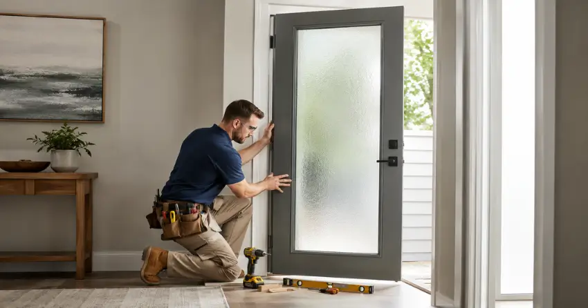 glass panel door installation with frosted privacy glass in residential setting in Woodstock