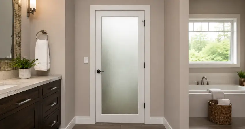 frosted glass panel bathroom door installed in a Lansdowne Meadow, Woodstock home