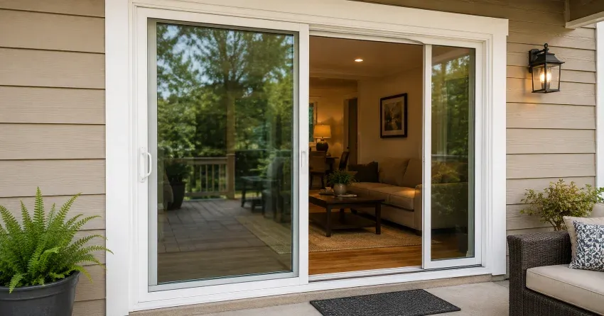 Patio Door Installation technician setting a new frame in Woodstock