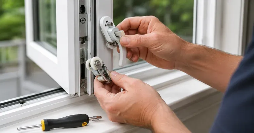 technician performing broken window repair Woodstock on a sliding window