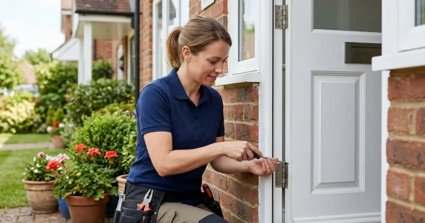 technician repairing exterior door hinge and frame in Lansdowne Meadow, Woodstock