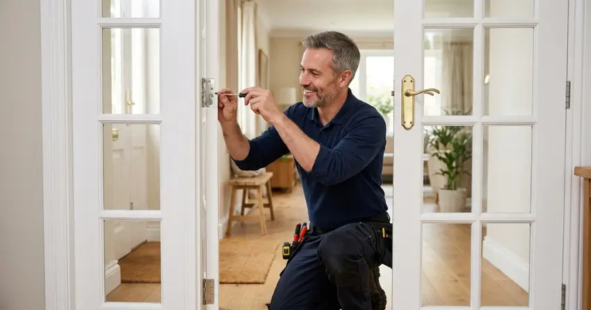 technician adjusting French door hinge for proper alignment in Woodstock