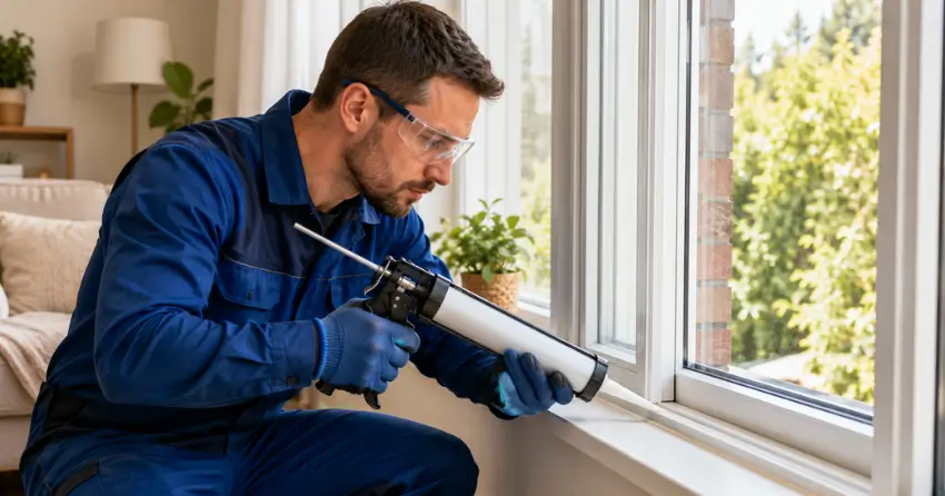technician repairing window seal and frame in Woodstock