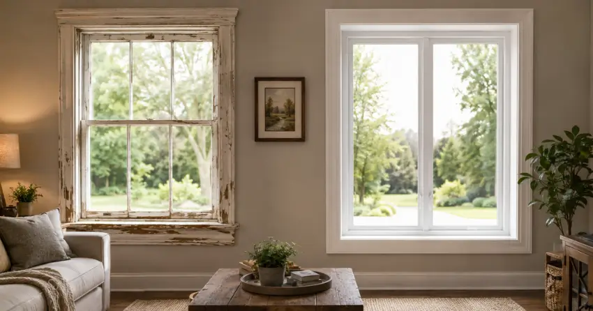 side by side comparison of old and new window in Woodstock