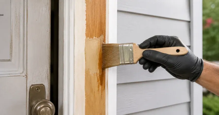 technician probing rotted wood on a door frame in North Woodstock, Woodstock