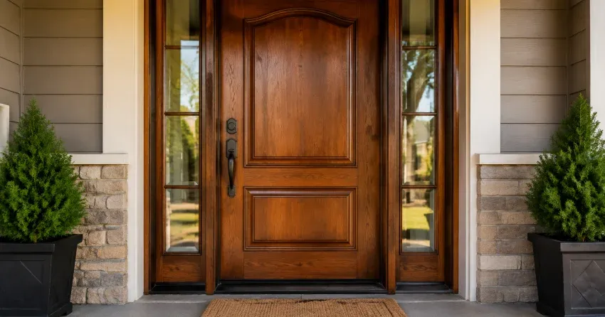 wood door mid-restoration showing stripped bare wood in Woodstock
