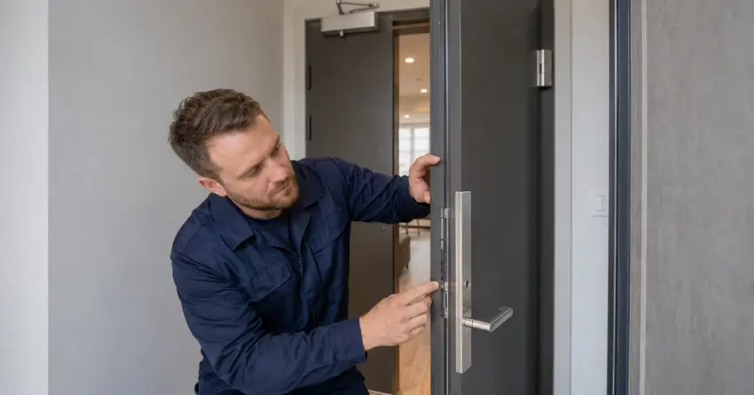 technician inspecting fire-rated door seal and hardware in Lansdowne Meadow, Woodstock