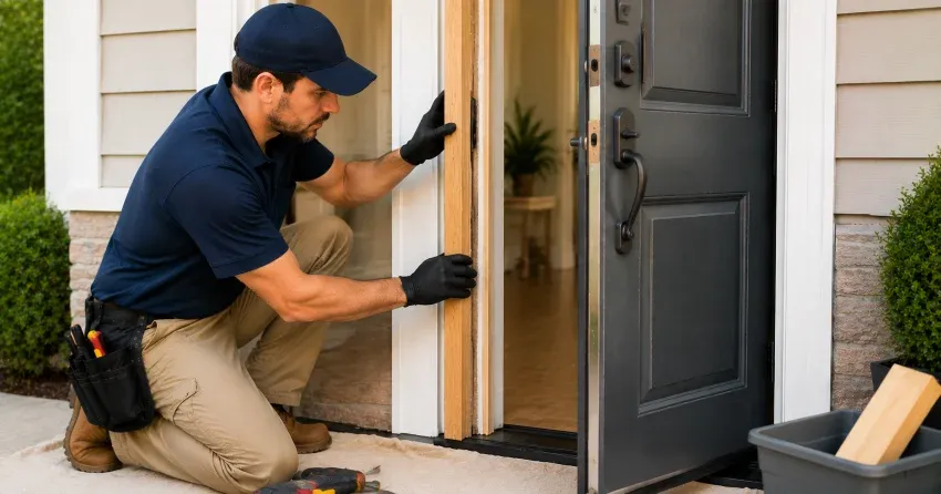 technician inspecting damaged door frame corner in Woodstock