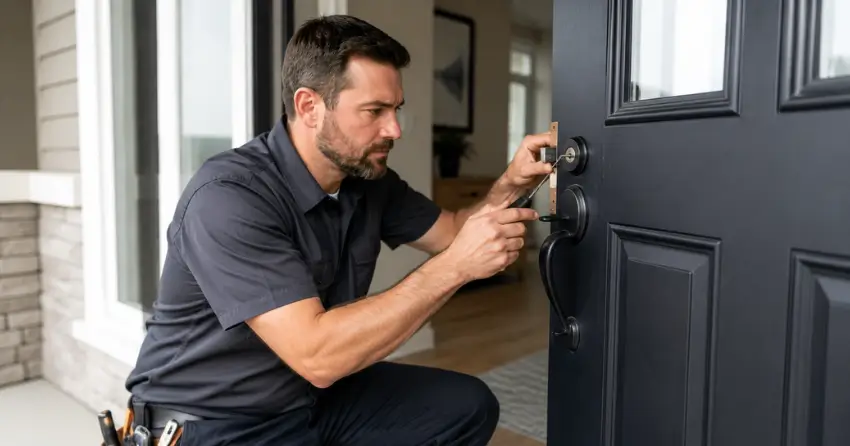 licensed locksmith technician working on residential deadbolt in Woodstock